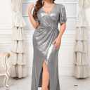 CYCLAMEN Plus Size Formal Maxi Dress Sparkly Evening Gown Ruched Puff Sleeves V-Neck High Slit Prom Wedding Guest Gala (XXL, Silver)