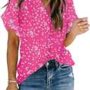 Allimy Women Summer Casual Split V Neckline Floral Chiffon Blouses Loose Tunic Short Sleeve Tops (Pink)