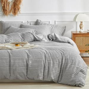 WARMDERN Boho Duvet Cover Set Queen Size,Grey Striped Duvet Cover Microfiber Bedding Set,3PCS Ultra Soft Breathable Lightweight Tuft Texture Pattern Duvet Covers with Zipper Closure(Grey,Queen)