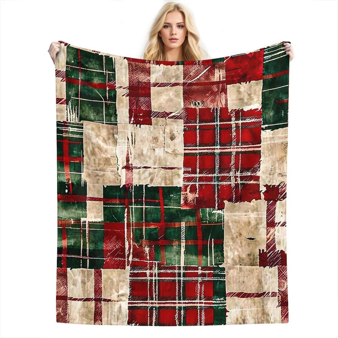 Vintage - Style Christmas Plaid Pattern Flannel Throw Blanket, 50"60"(125 * 150cm) Soft Anti-Pilling Fleece Blanket for Couch, Sofa, Bed, Lightweight and Breathable for Home, Office, Travel