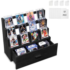 Emfogo Trading Card Display, 3-Tier Card Display Case with Custom Drawer, Wood Graded Card Display with Card Supporters and Dividers, Sports Card Display Case for Card Game Collection (Black)