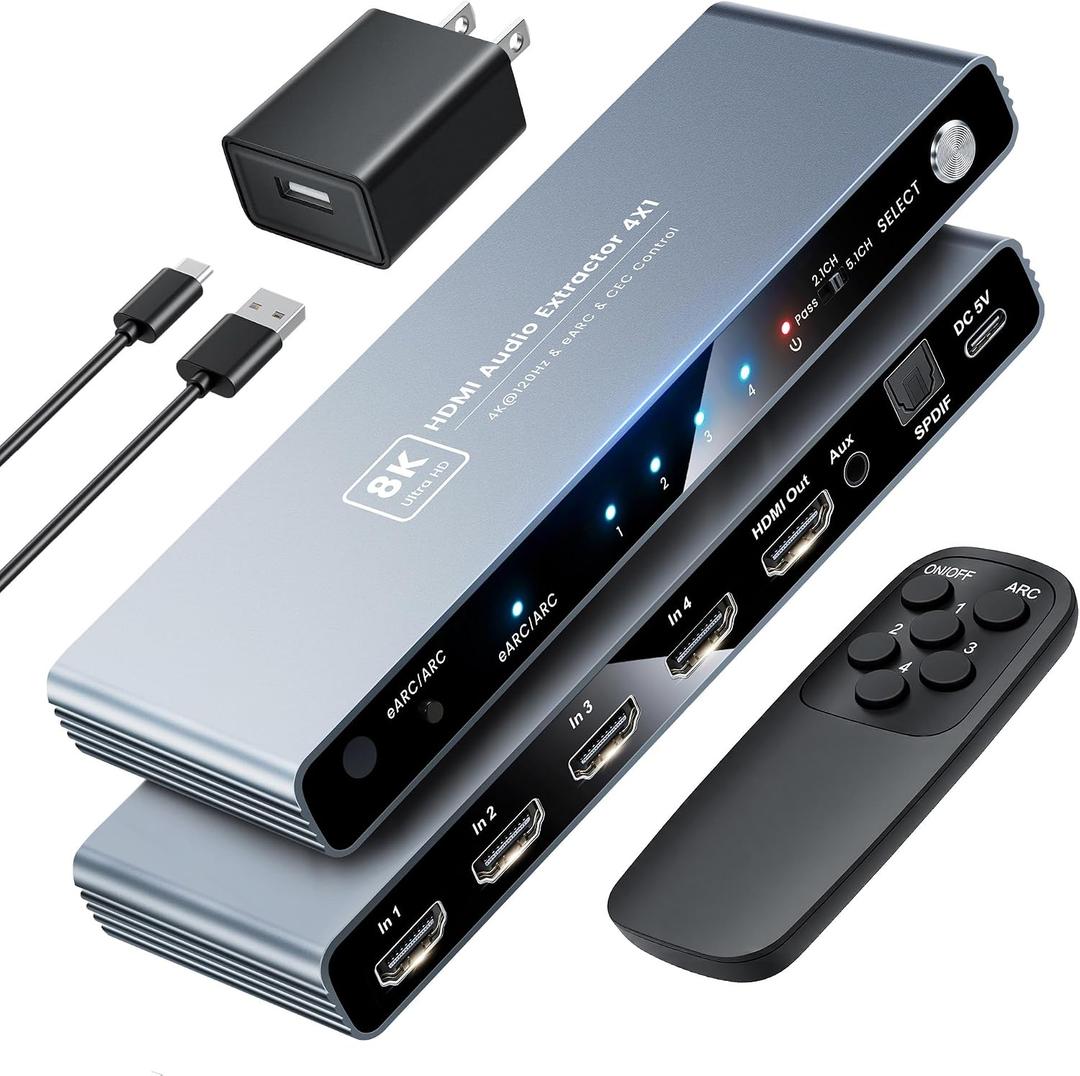 NEWCARE eARC 8K HDMI 2.1 Switch 4 in 1 Out with Audio Extractor, 4K@120Hz HDMI Switcher Support HDR VRR ALLM, Optical SPDIF & 3.5mm AUX Audio Output Perfect for 8K Displays, CEC, Remote Control