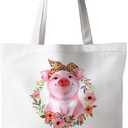 Preppy Animal Tote Bag, Animal Canvas Tote Bag, Reusable Grocery Shopping Shoulder Bags (Pig)