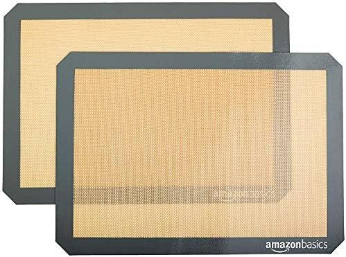 Amazon Basics Silicone Rectangular Baking Mat, Non-Stick Reusable Oven Bakeware, 16.5" x 11.6", New Beige/Gray, Pack of 2