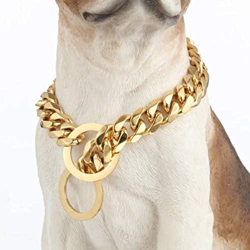 W/W Lifetime Dog Chain Collar Choke Collar Heavy Duty Chew Proof 19MM 14K Gold Plated Stainless Steel Dog Training Collar(19MM, 26")