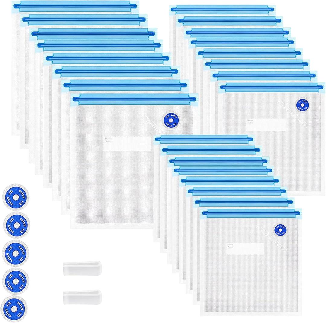 Sous Vide Bags 31 Pcs (24 Pcs Vacuum Zipper Bags & 2 Seal Clips & 5 Air Valves),Reusable BPA Free Vacuum Sealer Bags Vacuum Food Storage Bags for Cooking/Food Storage/Microwave Heating