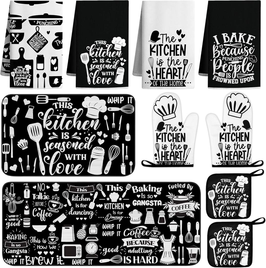 10 PCS Farmhouse Kitchen Decor Sets 4 Black White Kitchen Dish Towels 2 Oven Mitts 2 Pot Holders 2 Rugs Mats Rustic Decorations Accessories for Cooking Baking Bathroom Home Housewarming Camp Mom Gift