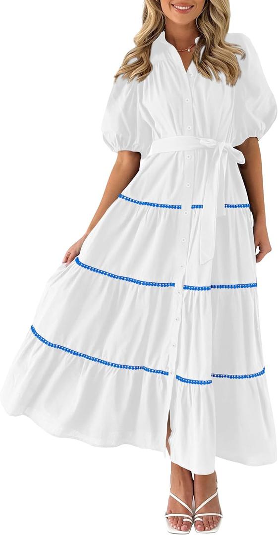 PRETTYGARDEN Women's Summer Button Down Shirt Dress Short Puffy Sleeve Tiered Ruffle Flowy Long Maxi Dresses , Size -M, White Blue