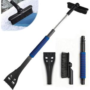 Ice Scraper and Snow Brush for Car, Lightweight 7" Brush Head & 33.5" Extendable Handle for Quick Windshield and Window Cleaning on SUV, Truck, Auto (Blue)