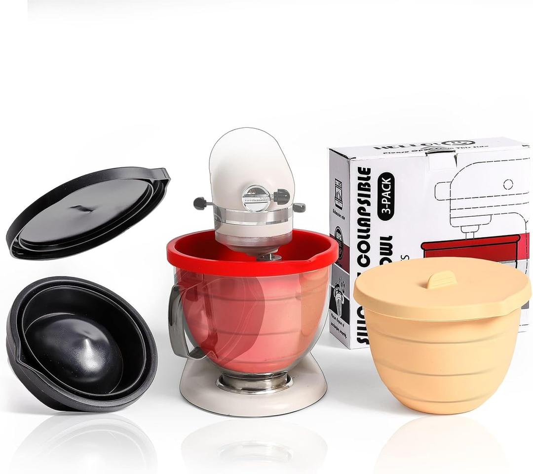 Silicone Bowl Liners for KitchenAid 5 Qt Tilt-Head Mixers, 3pcs Foldable Space-Saving Silicone Mixing Bowl Liners with Lids, Heat Resistant, Dishwasher Safe