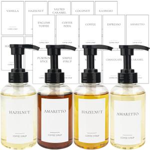 4 Pieces Coffee Syrup Dispenser Bottle 300ml PET Black Pump Bottles with Labels for Coffee Bar Organization