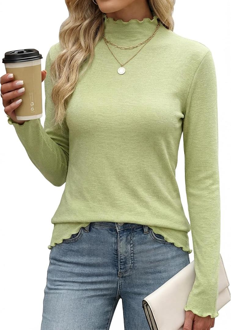 Women's Long Sleeve Shirts Elegant Slim Fit Lettuce Trim Mock Neck Basic Soft Casual Layering Tops (M)