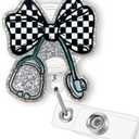 Checkered Bow Stethoscope Badge Reel Retractable for Nurse Nursing RN MA CNA LPN & Medical Worker, Cute Nurse Gifts, Glitter Black and White Checkered Coquette Bow Badge Holder with Alligator Clip