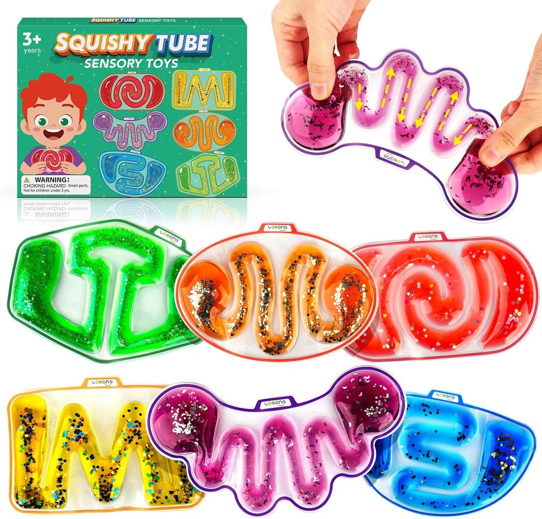 Sensory Fidget Toys for Kids Toddlers - Squishy Sensory Products for Autistic Autism Children Special Needs, Fidgets for Classroom Stress Anxiety Calm Down, Squeeze Sensory Tube Filled Goo, Glitter 6 Pack