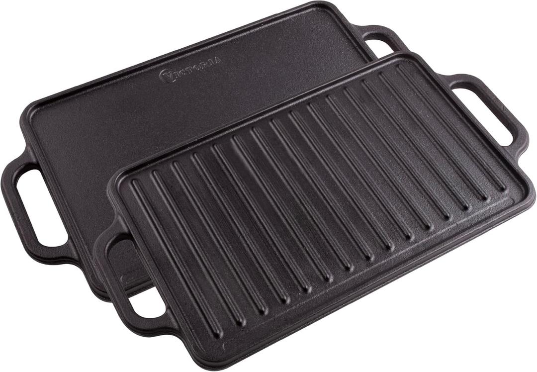 Victoria Rectangular Cast Iron Griddle. Double Burner Griddle, Reversible Griddle Grill, 13 x 8.5 Inch, Seasoned with 100% Kosher Certified Non-GMO Flaxseed Oil, Model: GDL-189 (Black)