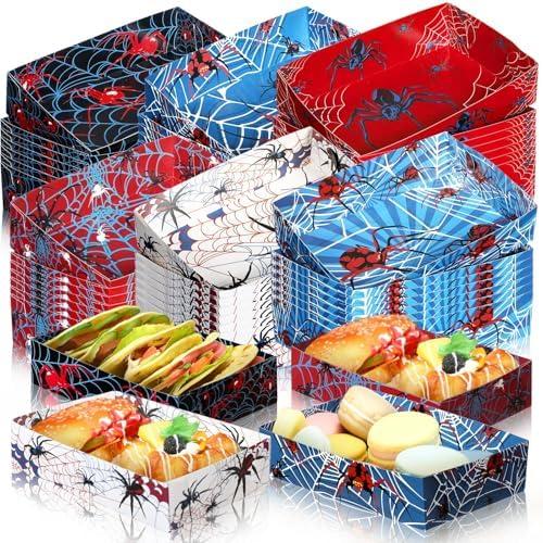 Teenyyou 38 Pcs Spider Birthday Decoration Spider Party Paper Snack Trays Disposable Serving Food Boats Food Holder Trays for Snacks French Fries Hot Dog Tacos BBQ Party Favors Supplies(Spiderweb)