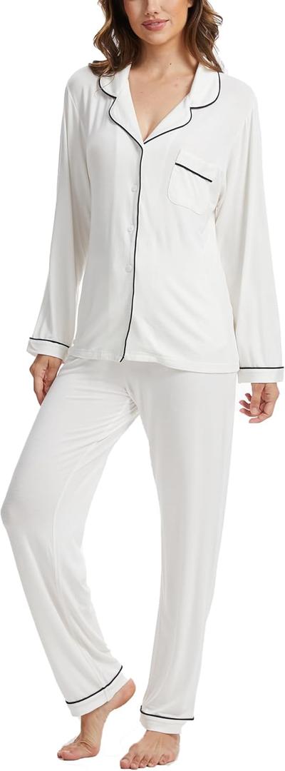 Button Up Pajamas for Women Long Sleeve Sleepwear Soft Loungewear Ladies Pjs Set XS-XXL (Large, White)