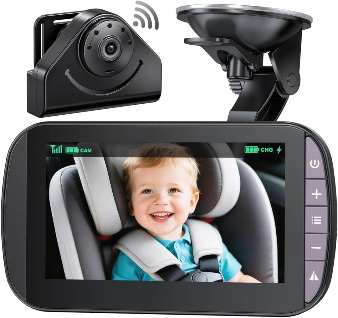Wireless Baby Car Camera Monitor  4.3 Inch Display with 360 Rotating Rear Facing Car Seat Cameras, 1080P HD Night Vision IR-Cut, USB & Battery Powered Backseat Baby Monitor for Infant Toddler (Black)