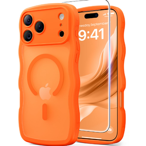 3 in 1 Magnetic for iPhone 17 Pro Case, 1X Screen Protector+1X Wrist Strap, Cute Wavy[Full Camera Protection] [Fit for MagSafe], Trendy Matte Women Girly Case for iPhone 17 Pro 6.3", Cosmic Orange