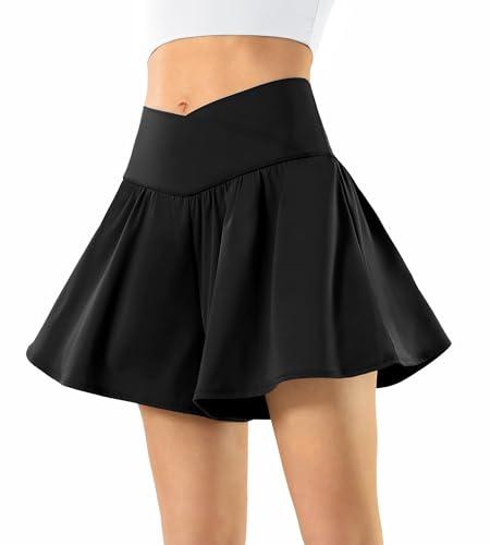Flowy Athletic Shorts for Women Butterfly Crossover Tennis Shorts 2 in 1 with Pockets Black S