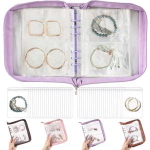Jewelry Organizer Book clear Travel Bracelet Organizer Travel Earrings Storage Book for Necklace Bracelet Ring with Clear Zippered Pouch, Purple (Purple jewelry book + Large jewelry bags 48 PCS)