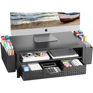 Monitor Stand Riser, Laptop Stand for Desk, Office Desk Organizer and Accessories, Computer Desktop Shelf with Drawer and Pen Holder, Printer Stand for Home, Office, Dorm (Black)