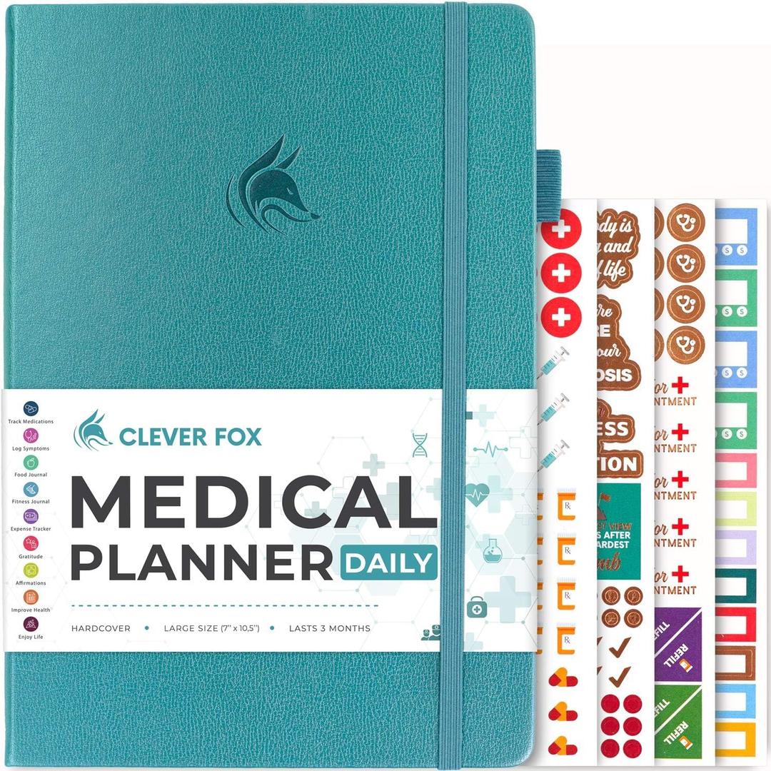 Clever Fox Medical Planner Daily – Medical Notebook, Health Diary, Wellness Journal & Logbook to Track Health – Self-Care Medical Journal – 3 Months, Undated, 7″ x 10.5″, Hardcover (Aquamarine)