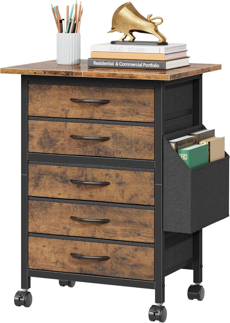 HIGDBFE 5 Fabric Drawers File Cabinet with Side Pocket, Rolling Printer Stand with Storage for Home Office, Wood Top Storage Cabinet for Documents and Crafts, Rustic Brown, 15" D