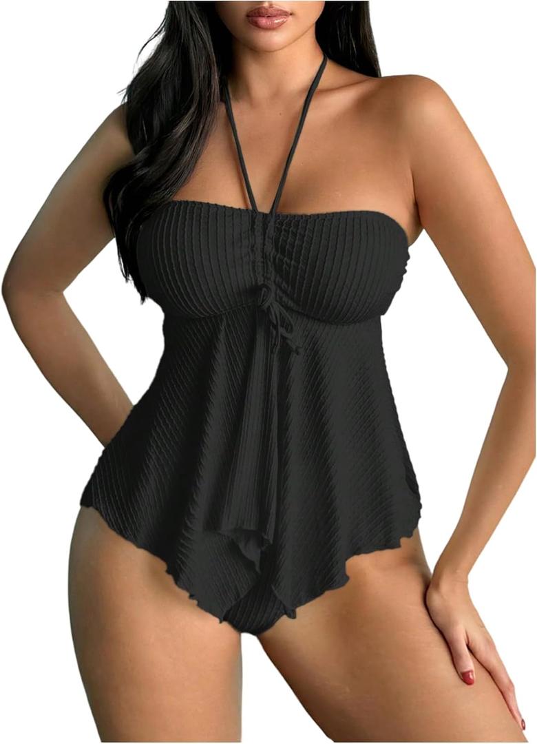SOLY HUX Tankini Swimsuits for Women Drawstring Halter Bikini Two Piece Bathing Suits (Solid Black, XL)