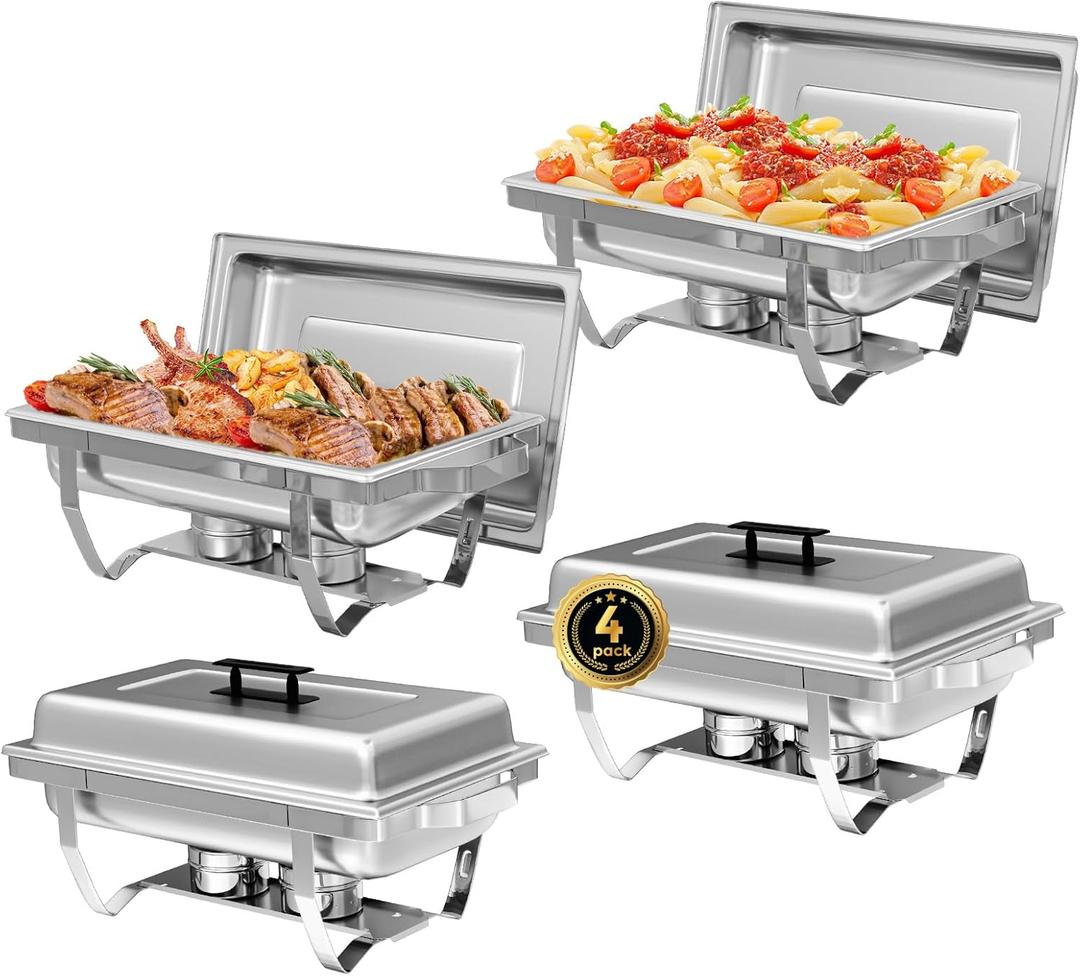 4 Pack Chafing Dish Buffet Set, 8QT Stainless Steel Rectangular Chafers and Buffet Warmer Sets for Catering, with Food & Water Pan, Lid, Foldable Frame, Fuel Holder for Event Party Holiday (Silver)