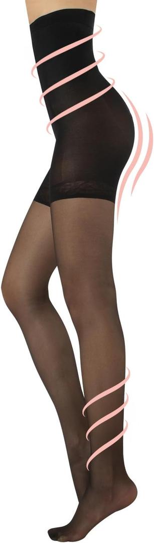 CALZITALY High Waist tights Control Top Shaping Nylons, Shaping Pantyhose, 20 Denier Sheer Shaping Tights for All Day Use (Black, L)