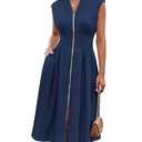 GRACE KARIN Sleeveless Dress for Women V Neck Cap Sleeve Smocked High Waist Flowy Work Dress with Zipper Navy Blue XL