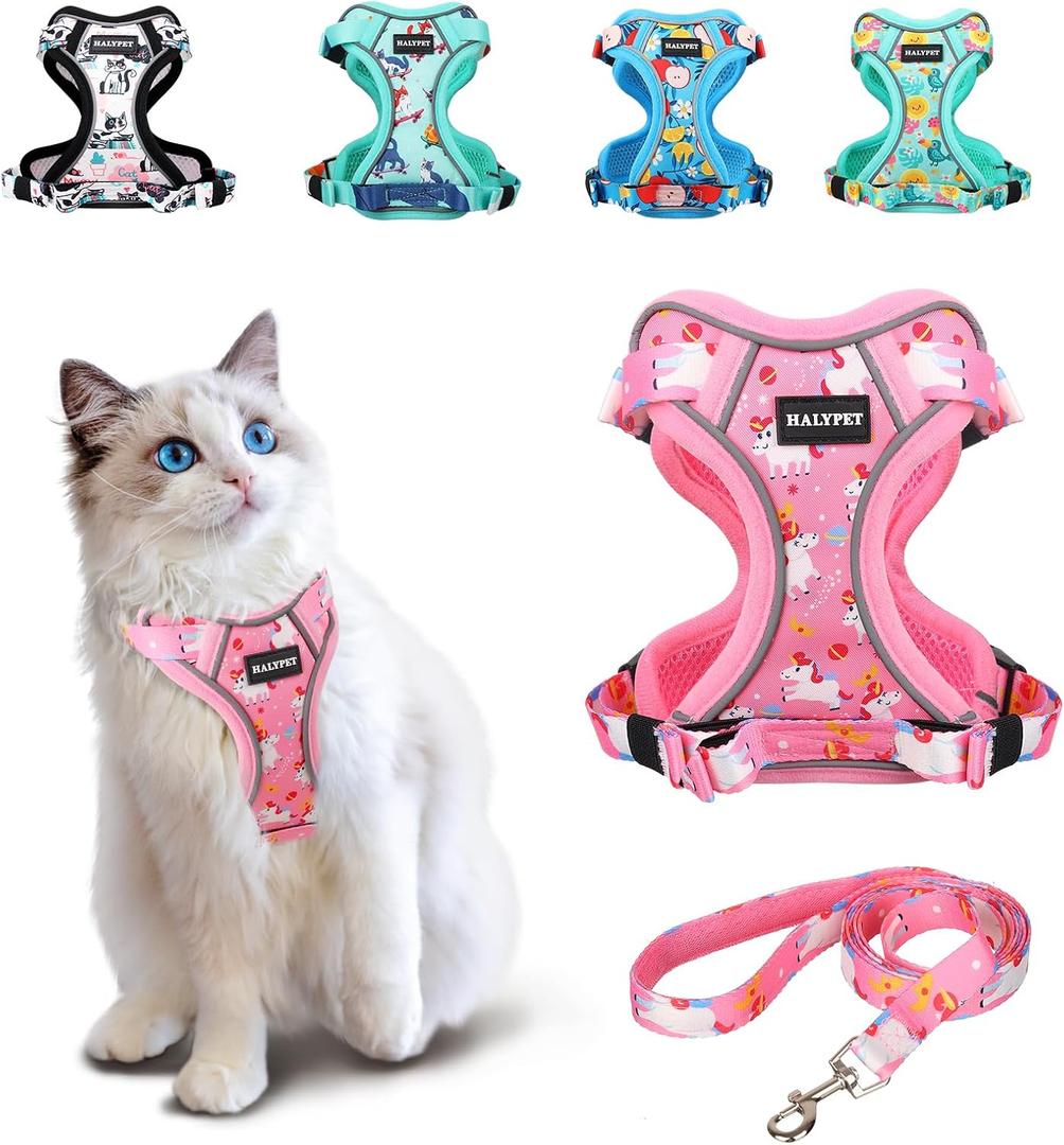 Halypet Cat Harness and Leash Set[MAX Safety 4th-Gen] Cute Escape Proof Vest Harness for Girl&Boy Cat Walking, Comfortable Adjustable Leash and Reflective Strips for Outdoor Kitten, S Pink Unicorn (Small (7-12lb))