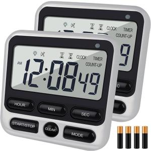 2-Pack Digital Dual Kitchen Timers with Magnet, 24-Hour Countdown & Stopwatch, Loud Alarm, 12/24H Clock, Calendar, Mute Mode, Visual Indicator, Batteries Included (Black)