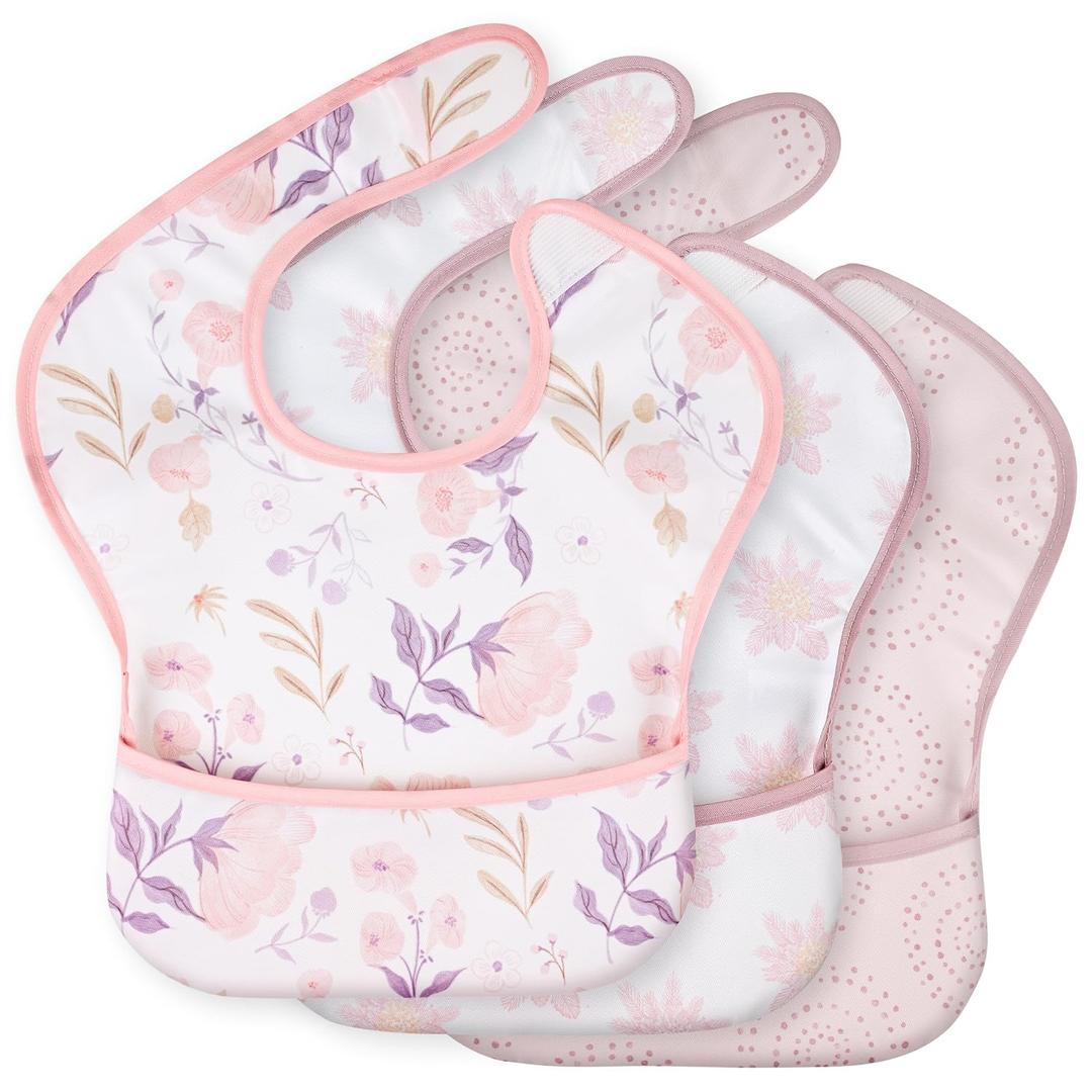 3-Pack Waterproof Baby Bibs for Eating - Mess Proof Lightweight Toddler Feeding Bibs with Large Food Catcher, Food-Grade Baby Eating Essentials, Easy to Put On & Clean(Light Pink Blossom)