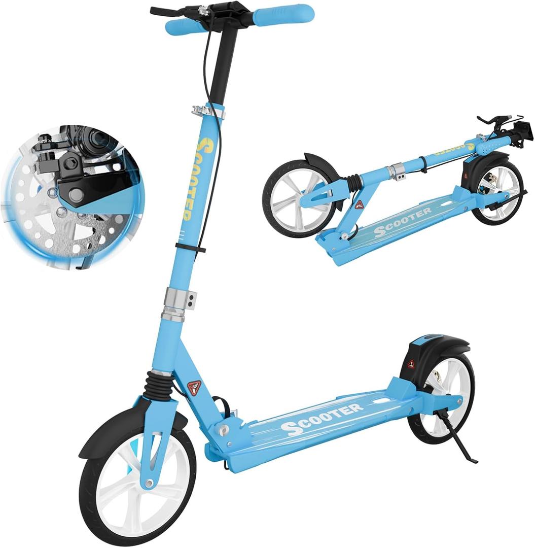 MEE GOO Scooter with Disc Brake & Dual Shock Absorbers,200mm PU Wheels ABEC-7 Bearings,Foldable Scooter for Teen&Adult,Non-Slip Deck,Kick Scooter (BLUE)