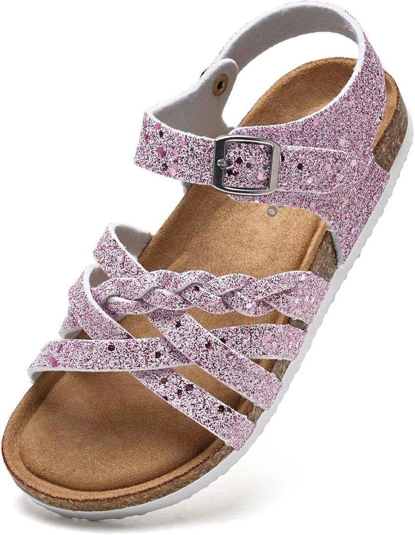 Torotto Girls Sandals with Cork Footbed Adjustable Buckle Casual Slides Sandals Open Toes Flat for Kids Toddler (3 Big Kid, Pink)