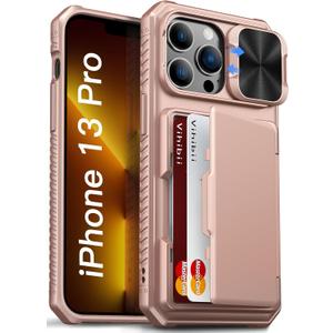 Vihibii for iPhone 13 Pro Wallet Case with Card Holder (4 Cards), [RFID Blocking] & Slide Lens Camera Cover & Raised Edges Protect Screen, Shockproof Rugged Wallet Phone Case, 6.1" 2021, Rose Gold