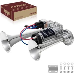 FARBIN Air Horn for Truck 12V Loud Train Horn with Air Compressor Dual-Trumpet Chrome Compatible with Trucks Pickups Motorcycles Cars Boats (Silver)