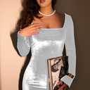 GOBLES Women's Sexy Velvet Long Sleeve Square Neck Bodycon Cocktail Party Mini Dress (White)