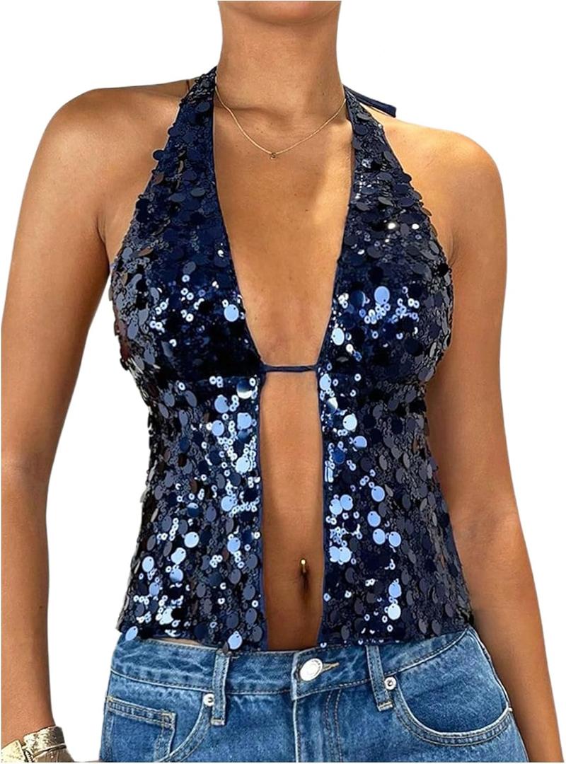 SOLY HUX Women's Sparkly Sequin Halter Tops Y2k Crop Top Night Out Party Outfits Streetwear (Dark Blue) S