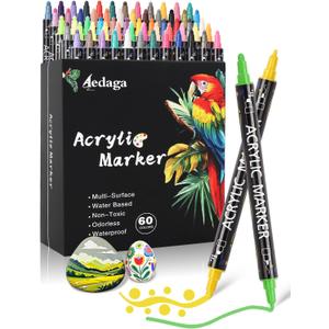 AEDAGA 60 Colors Acrylic Paint Pens,Acrylic Paint Markers Dual Tip with Fine Tip and Dot Tip,Dot Maker for Kids Adults, Glass, Stone, Wood, Canvas, Paper, Pottery