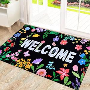 Likiyol Floral Door Mat Outside Entrance, Colorful Flower Welcome Mat Front Door Mat Butterfly Non Slip Doormat Outdoor Indoor Entrance, Low Profile, Absorbent, 18" x 30"