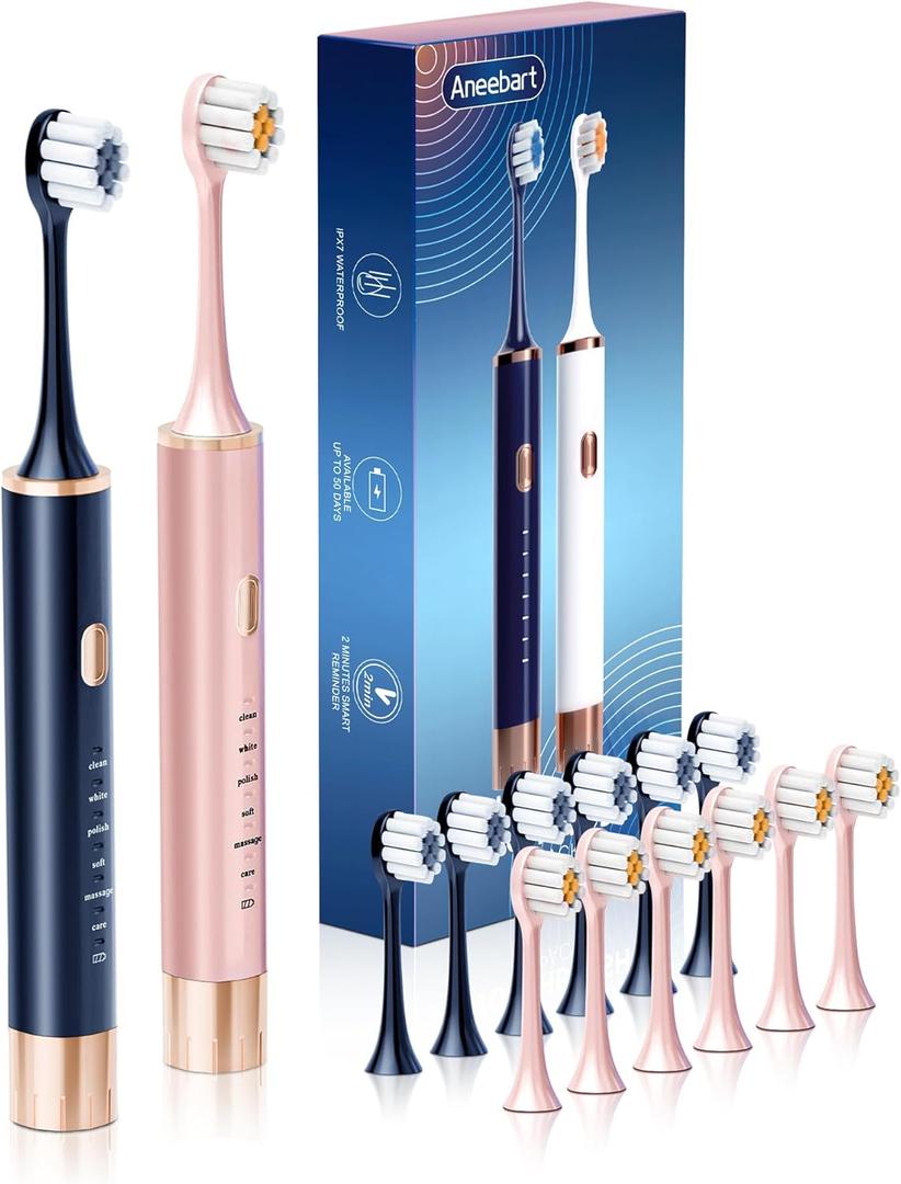 Blue & Pink 2 Pack Electric Toothbrush for Adults, USB Rechargeable Sonic Toothbrush with 12 Brush Heads, Smart Timer, 6 Modes, 2-Hour Fast Charge Last 30 Days