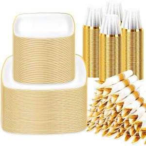 Sylans 700PCS Square White Plastic Plates with Gold Trim for 100 Guests | White and Gold Plates Disposable Dinnerware Set Square, 200 Plates, 100 Rolled Napkins Cutlery, 100 Cups for Party & Wedding