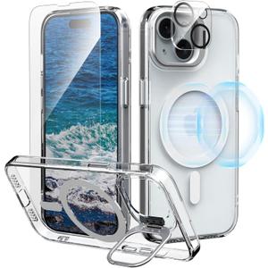 IDweel for iPhone 14 Case with Screen Protector & Camera Lens Protector,Compatible with MagSafe,Built-in Camera Stash Stand,Magnetic Hard Back Soft Edge Anti-Fingerprint Flexible Cover,Clear