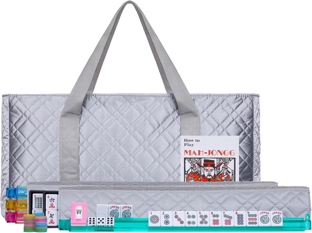 American Mahjong Set Complete Set with Quilted PU Leather Carrying Bag, Tile Racks with Pushers, 166 Engraved Tiles, Dice, Bettor, and Instructions (PU Silver)