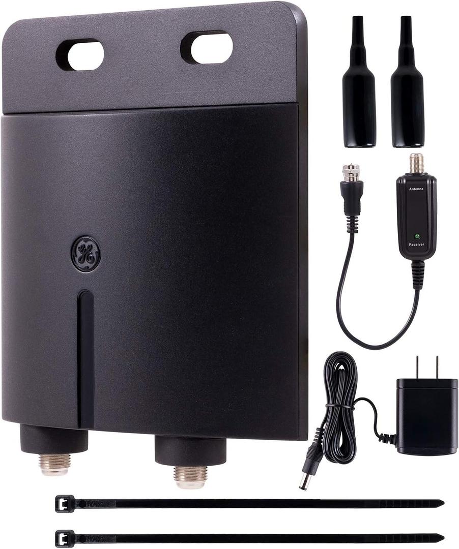 GE Pro Outdoor Antenna Amplifier, Low Noise Antenna Signal Booster, Clears Up Pixelated Low-Strength Channels, Supports HD Smart TV VHF UHF  42179 (Black)