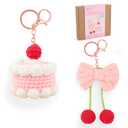 HOUSE CREATIVITY Crochet Keychain Kit for Beginners Make 2 Cute Cake & Bow Charms, Amigurumi Crochet Starter Kit with Video Tutorial, Yarn & Keyring, DIY Bag Charm Gift