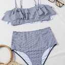 Saodimallsu Bikini Sets for Women High Waisted Bandeau Ruffle Swimsuit Top Two Piece Striped Bathing Swimming Costume,  S